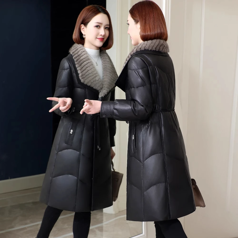 真皮羽绒服女中长款2025冬新款海宁绵羊皮皮衣水貂领收腰显瘦外套