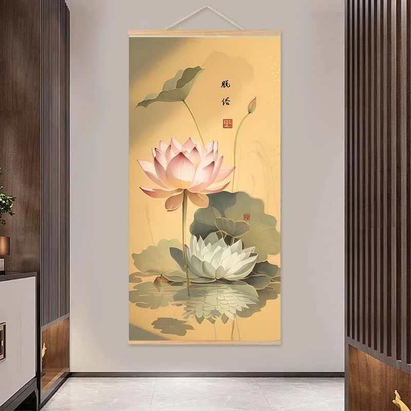 中式荷花挂画竖版入户玄关客厅进门书房走廊过道装饰画壁画打孔