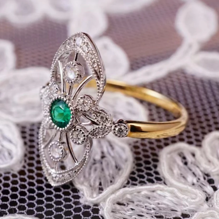 【鹿鹤祖母绿】ArtDeco风格18k金祖母绿镶钻戒指 奢华 复古 贵气