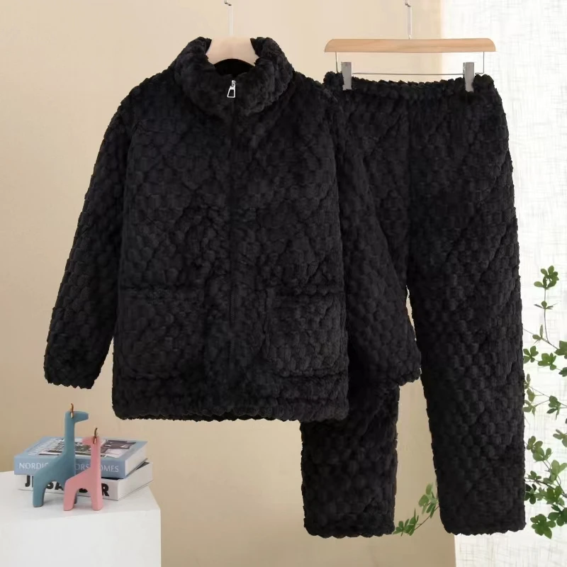 睡衣女士三层加绒休闲保暖珊瑚绒夹棉宽松服宽松长袖加厚加绒套装