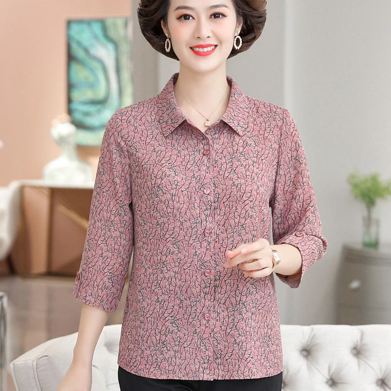 中老年新款女装春夏装碎花七分袖打底衫上衣洋气妈妈薄款衬衣套装