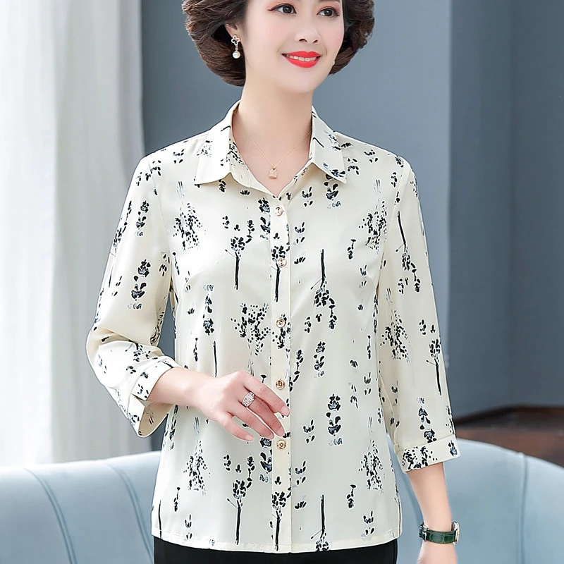 妈妈装七分袖印花衬衫中老年洋气衬衣夏季宽松大码雪纺小衫套装