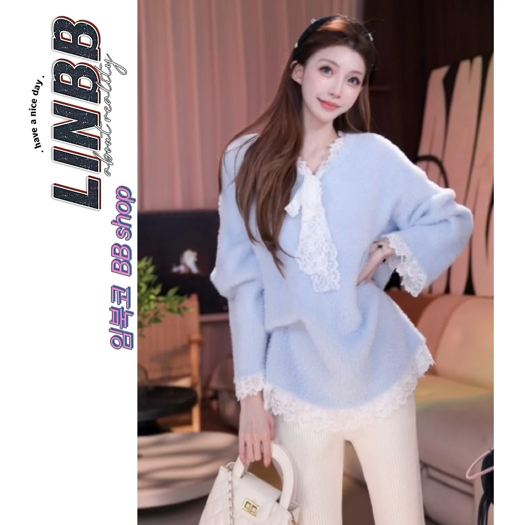 林北鼻-【露露】韩代原单精致蕾丝拼接超软糯中长款毛衣