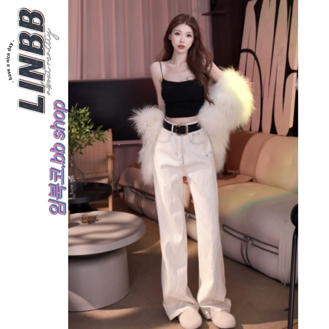 林北鼻-【作弊牛仔】韩单东大门阔腿加绒线条显瘦牛仔阔腿裤