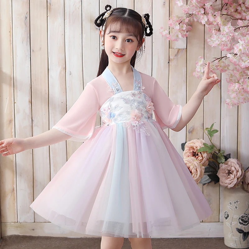 女童中国风汉服薄款超仙小女孩古装连衣裙短袖儿童装古风唐装夏季