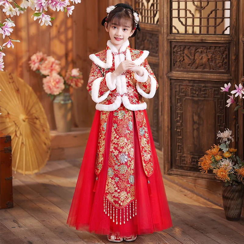 汉服女童秋冬装国风古装儿童过年拜年服2025新款冬季女孩新年裙子