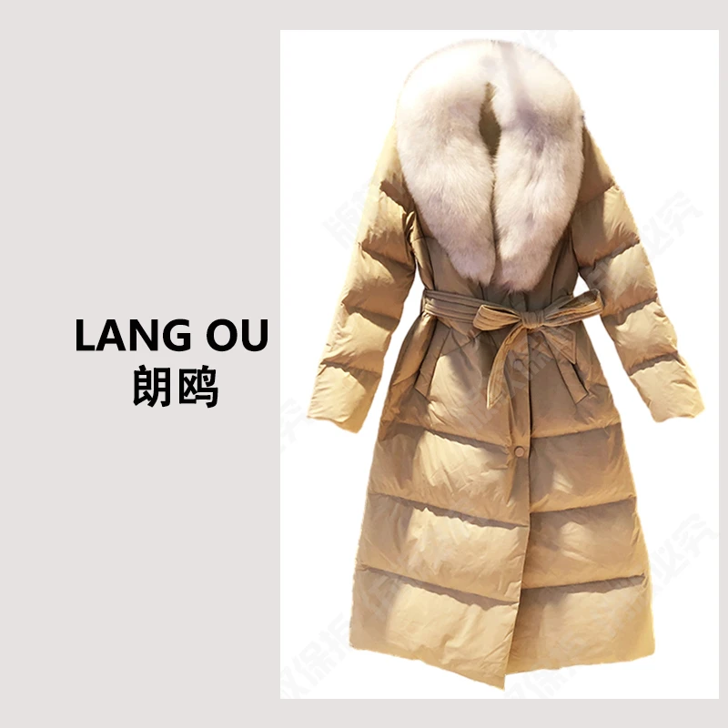 反季福利冬季轻奢鹅绒服狐狸毛收腰显瘦过膝时尚白鹅绒服女2218