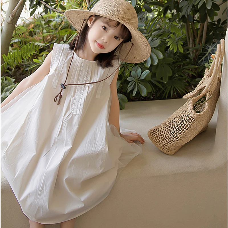 2024夏"沧月"韩版女童纯色无袖网纱拼接连衣裙sp831