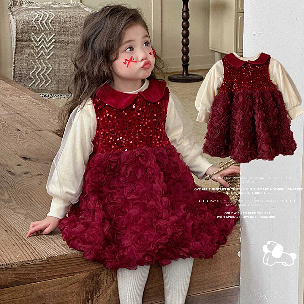 2024冬‘’予你玫瑰”女童加绒打底+加绒娃娃领亮片花苞裙X239