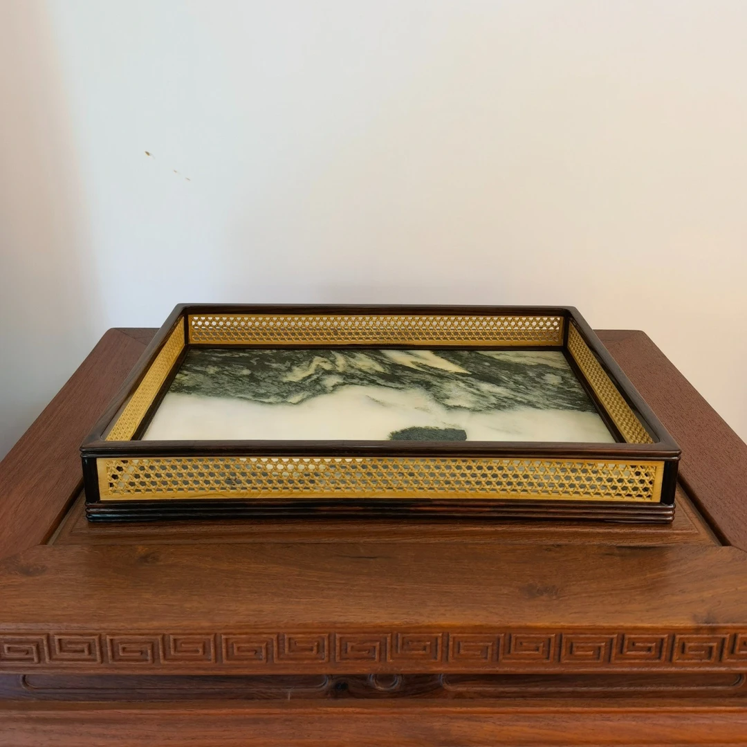 交趾黄檀镶嵌小叶黄杨网格文玩收纳盘  尺寸37×26×5.5