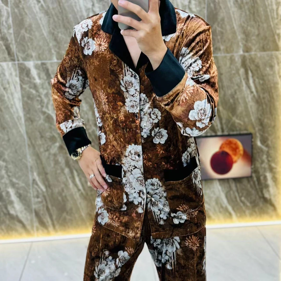 【1733】秋冬花款金丝绒家居服睡衣套装男士时尚休闲弹力保暖