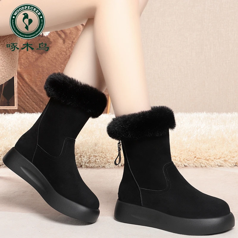 啄木鸟新款软皮圆头粗跟小短靴女秋冬棉靴棕色加绒皮鞋软底雪地靴