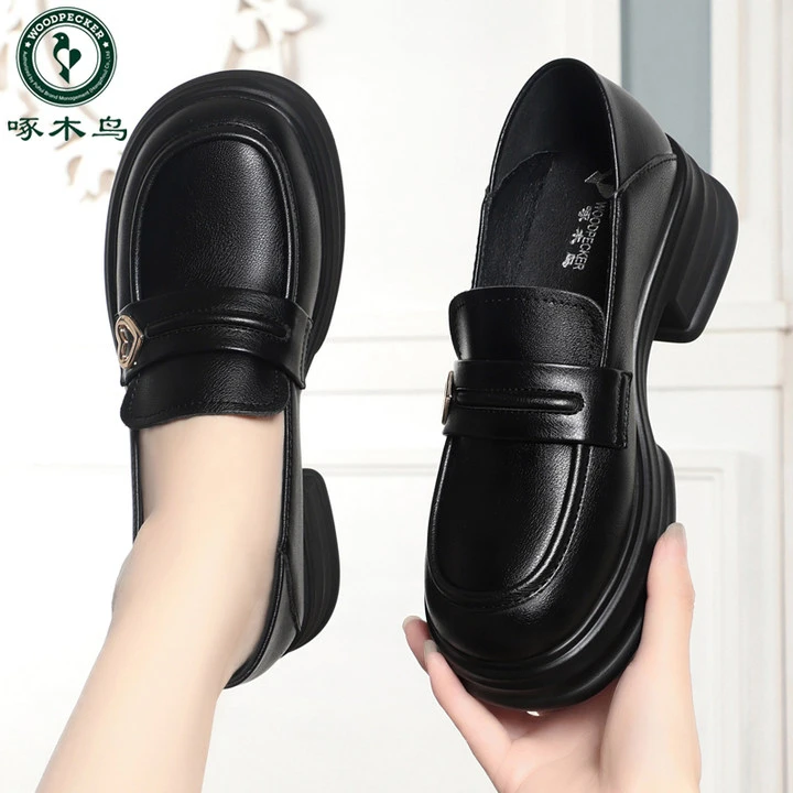 啄木鸟粗跟乐福鞋女2024新款舒适百搭英伦风皮鞋圆头软皮软底单鞋