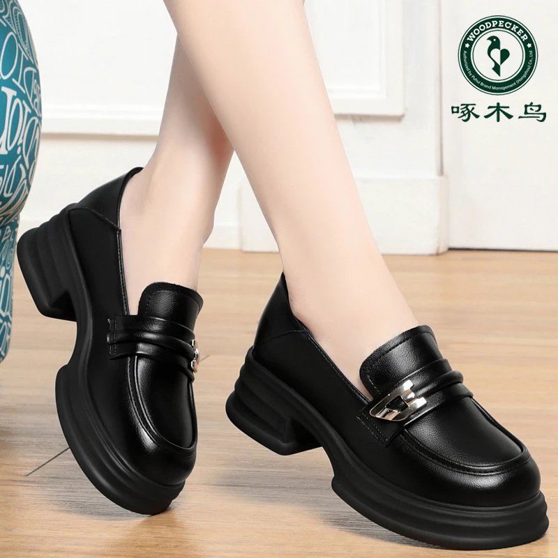 啄木鸟厚底乐福鞋女春秋鞋子女款上班族圆头黑色单鞋英伦风皮鞋