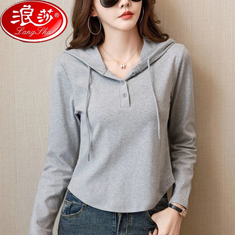 浪莎连帽长袖t恤2024新款韩版显瘦春秋修身洋气短款卫衣打底上衣