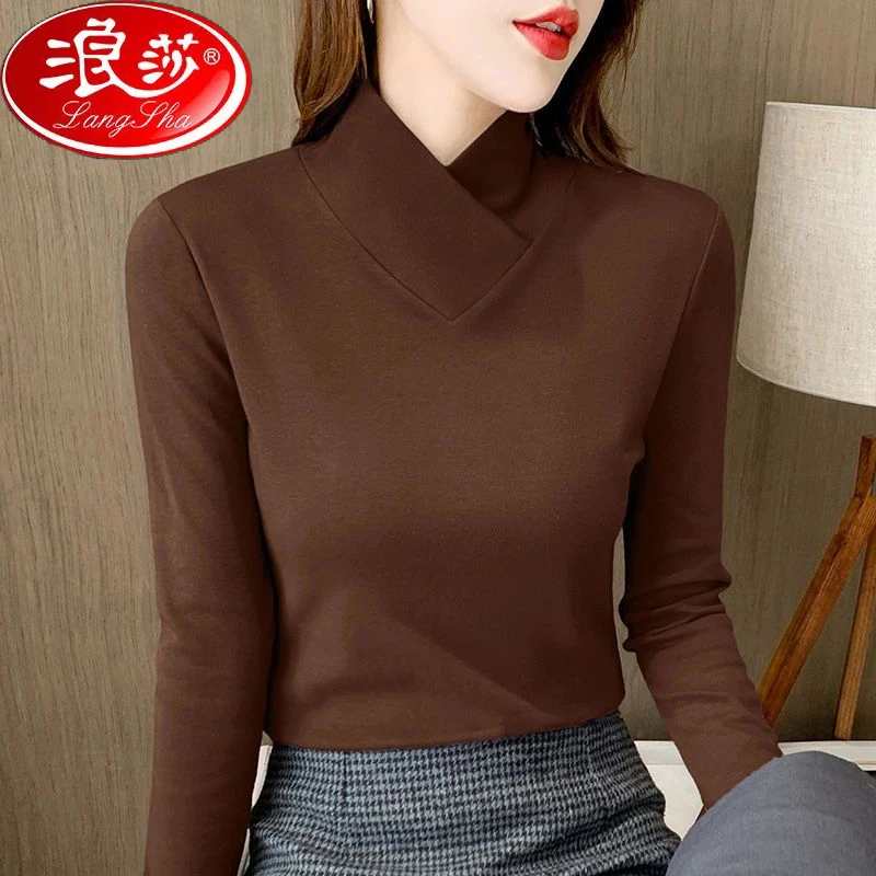 浪莎双面德绒打底衫女交叉V领2023秋冬内搭显瘦洋气长袖t恤女上衣