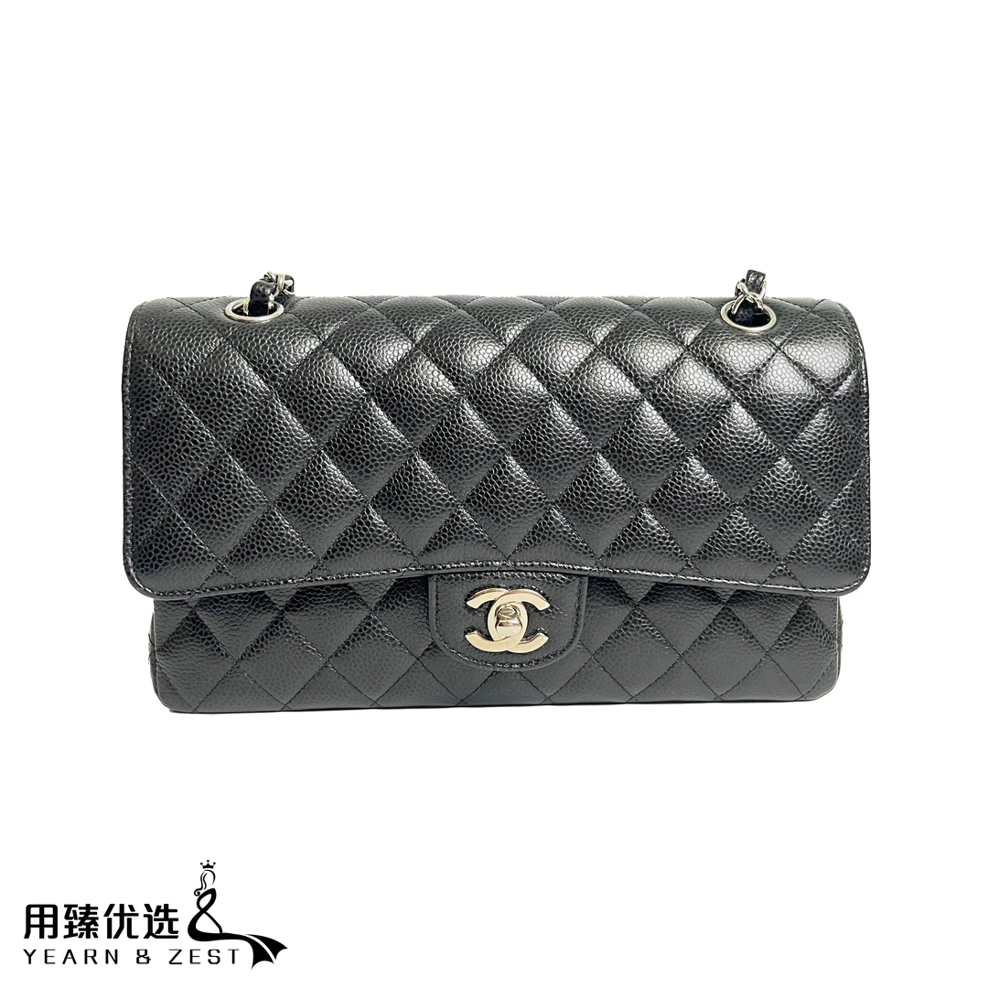 95新 Chanel/香奈儿 经典黑银cf中号荔枝牛斜挎包15开/AF2175060