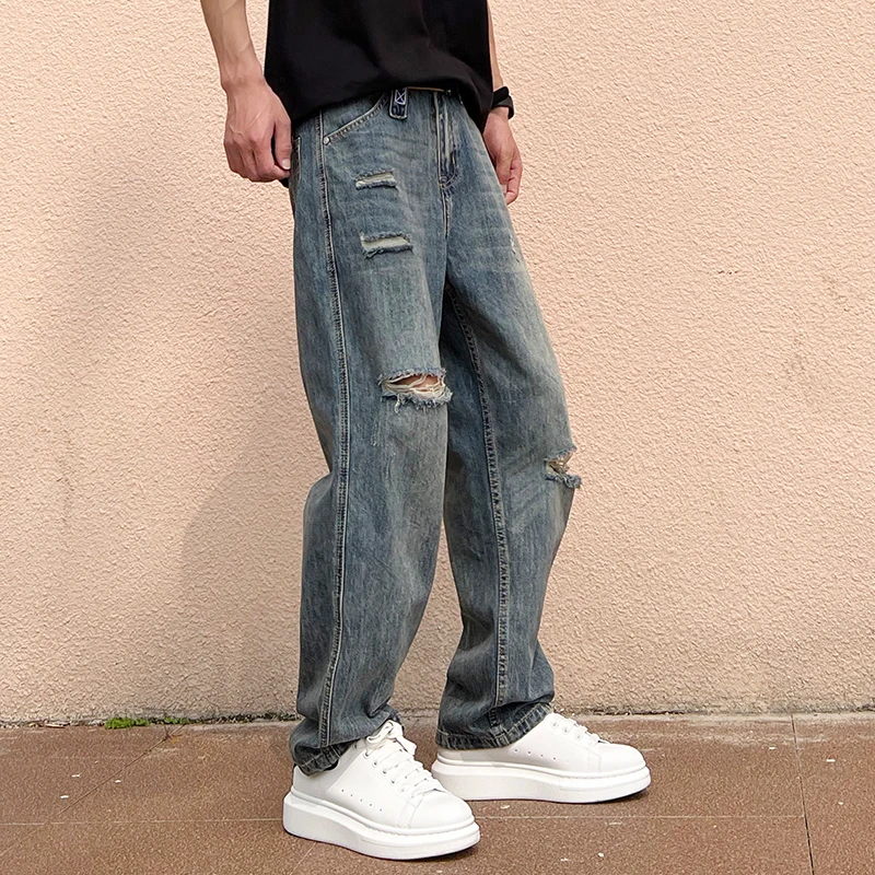 破洞牛仔裤男款夏季薄款美式宽松高街潮牌复古直筒休闲阔腿长裤子