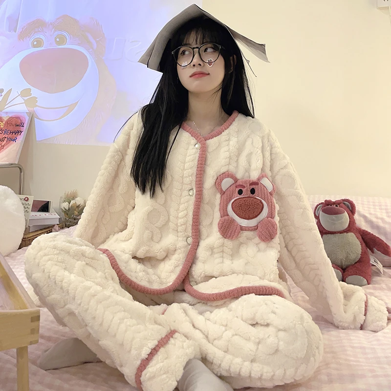 春秋季甜美简约保暖女士V领小香风加绒加厚睡衣家居服套装两件套