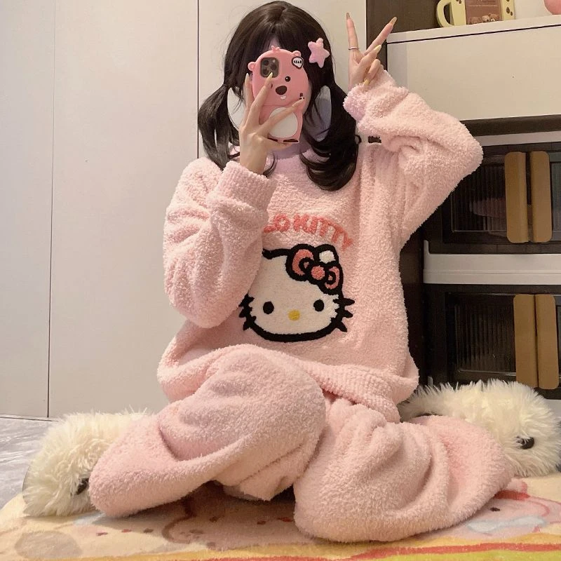 卡通KT猫糯米半边珊瑚绒秋冬季睡衣少女保暖甜美加厚家居服女士