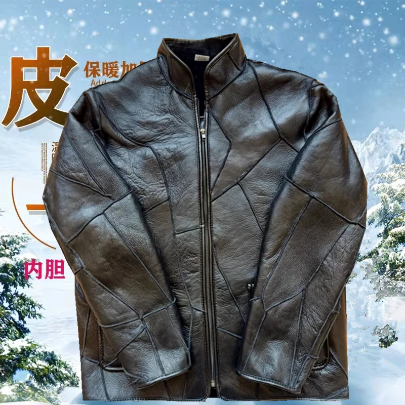 立领加绒皮衣秋冬外套短款皮夹克真皮休闲加厚型冬季常规黑色长袖