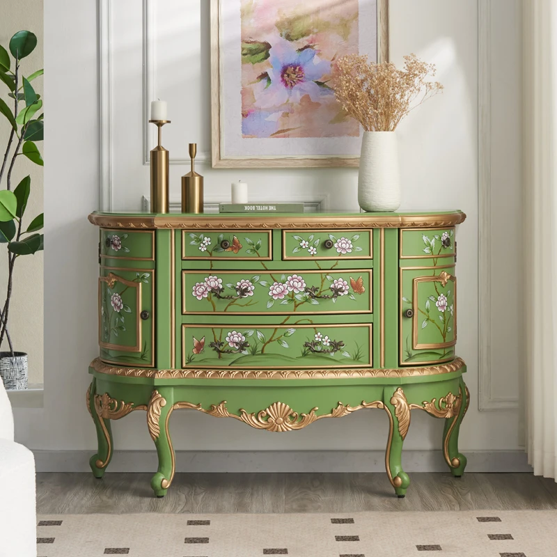 欧美法式彩绘雕花玄关柜餐边柜实木客厅卧室床尾储置物装饰电视柜
