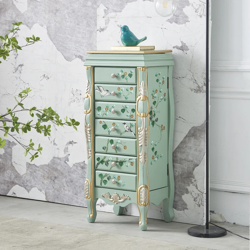 美式乡村彩绘五斗柜实木珠宝收纳柜卧室欧式客厅储物装饰玄关柜橱