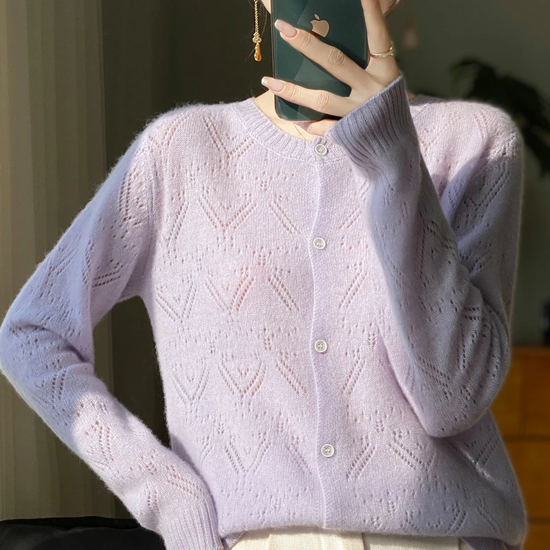 温柔仙仙子一一轻奢镂空100%羊毛开衫纯色女圆领春款针织外套时尚