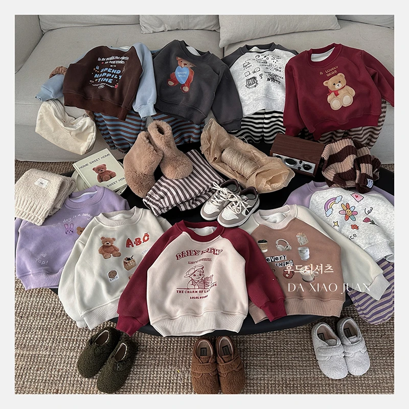 儿童加绒打底卫衣宝宝冬季宽松套头长袖绒衫男女童卡通印花童装潮