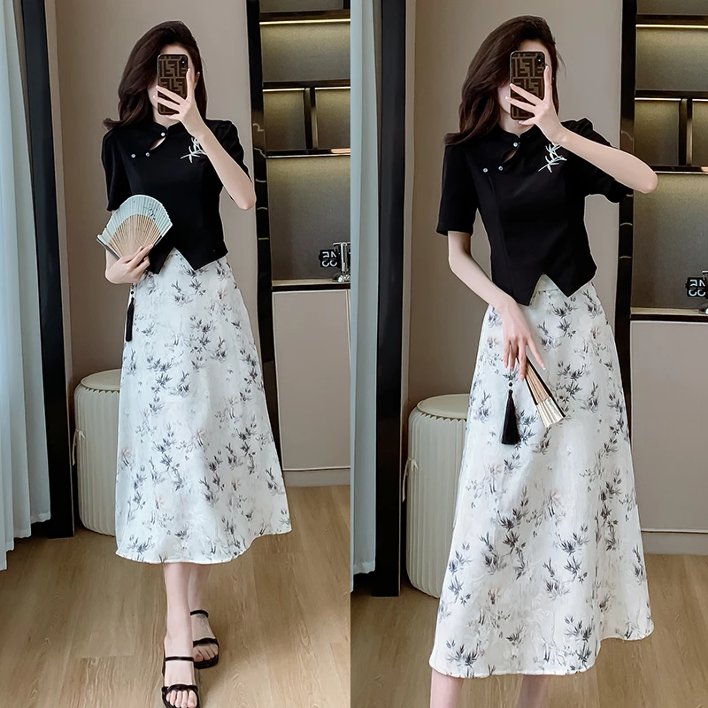 新中式优雅气质印花大码两件套夏法式修身显瘦复古上衣半身裙套装