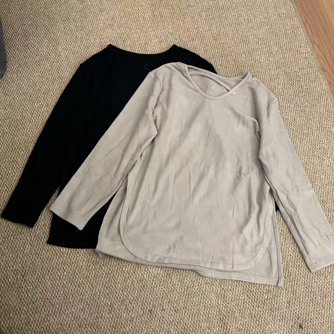 纯色正肩低领磨毛开叉打底衫女秋冬设计感小众长袖上衣-5782