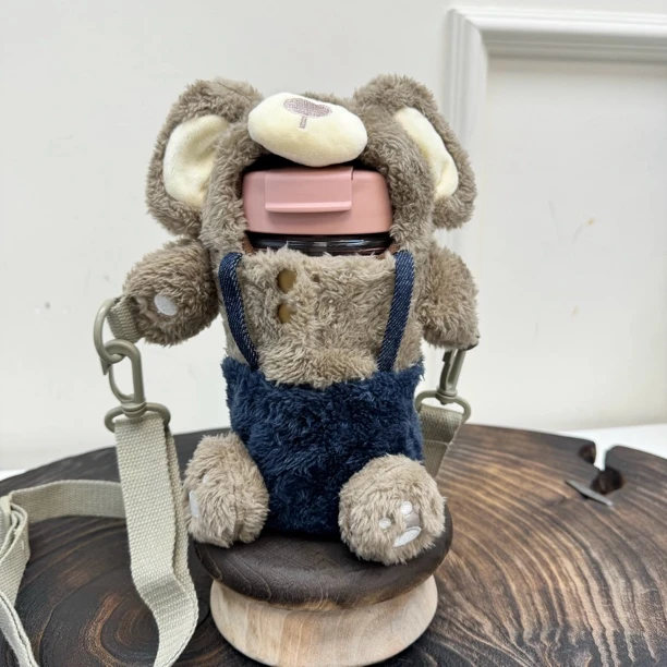 53131 灰色毛绒小熊水杯套不含玻璃杯，16cm以内高度杯可用