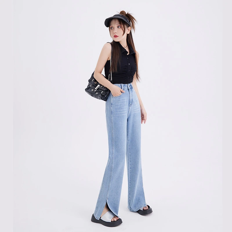 【涵胖胖】【青】微胖MM侧纯色裤脚开叉牛仔裤百搭显腿长 9760