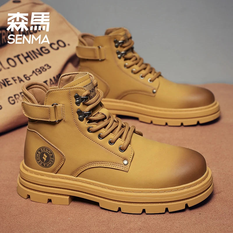 森马男鞋冬季英伦风复古高帮工装鞋男士高级感皮鞋厚底休闲马丁靴