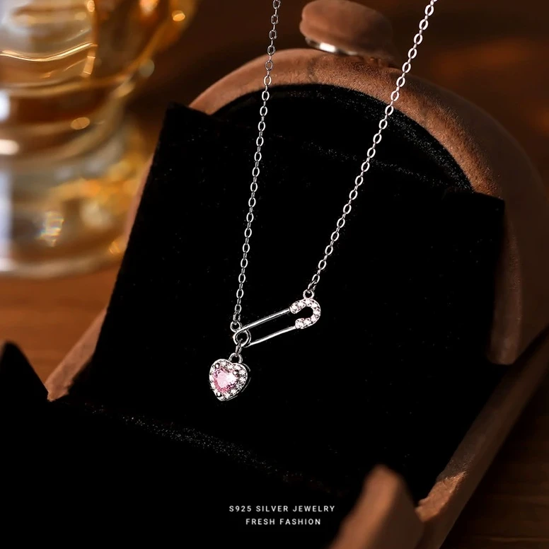 坠链均足银合成锆石 足银9999爱心别针套链806