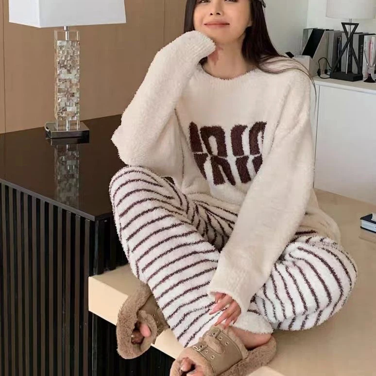 绵绵热能睡衣套装秋冬季新款半边绒加厚保暖宽松条纹家居服软糯女