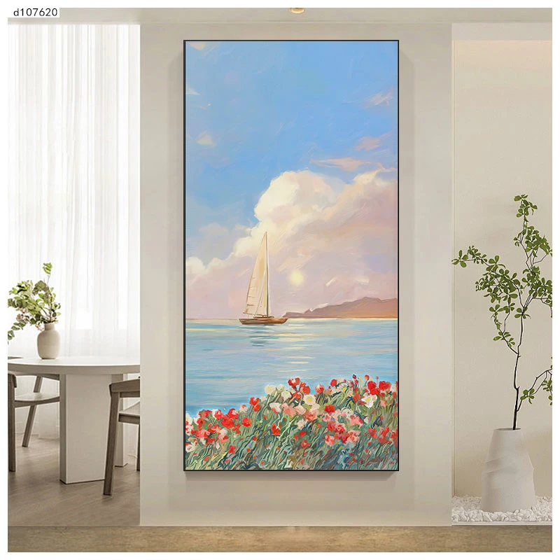 海边风景简约入户奶油走廊花卉玄关装饰画挂画客厅过道竖版壁画