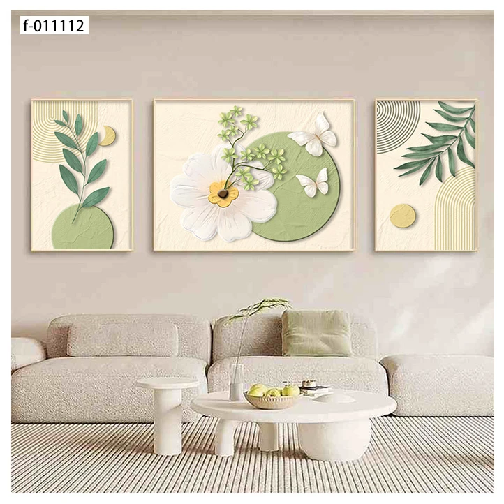 客厅绿植花儿蝴蝶唯美沙发背景墙挂画简约高端三联装饰画高级感