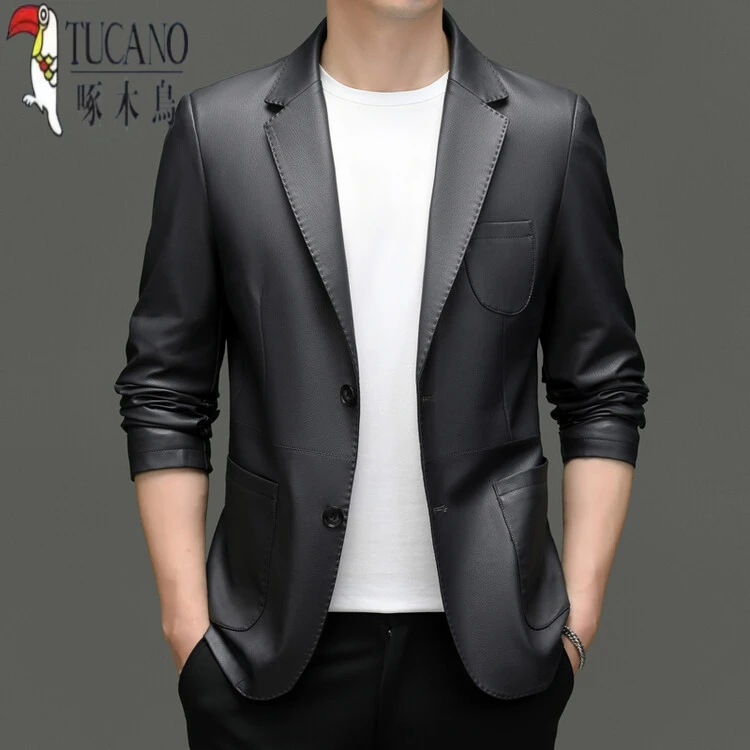 啄l木鸟春秋新款海宁皮衣男西装领休闲商务高档个性皮西服纯皮外