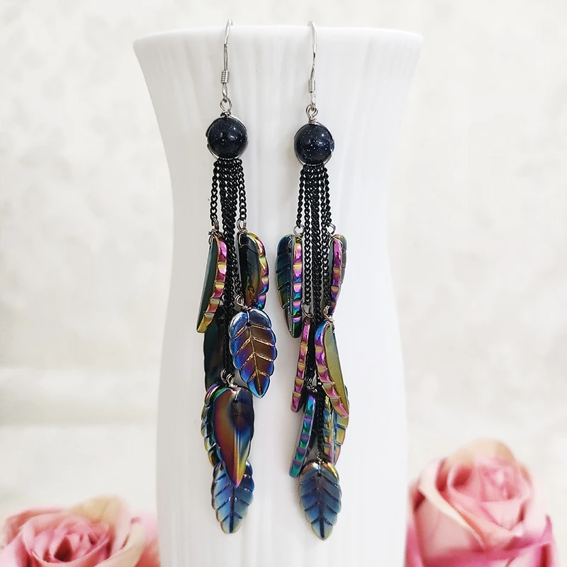 铜合金琉璃耳饰 民族风纯手工气质叶子流苏吊坠耳环316