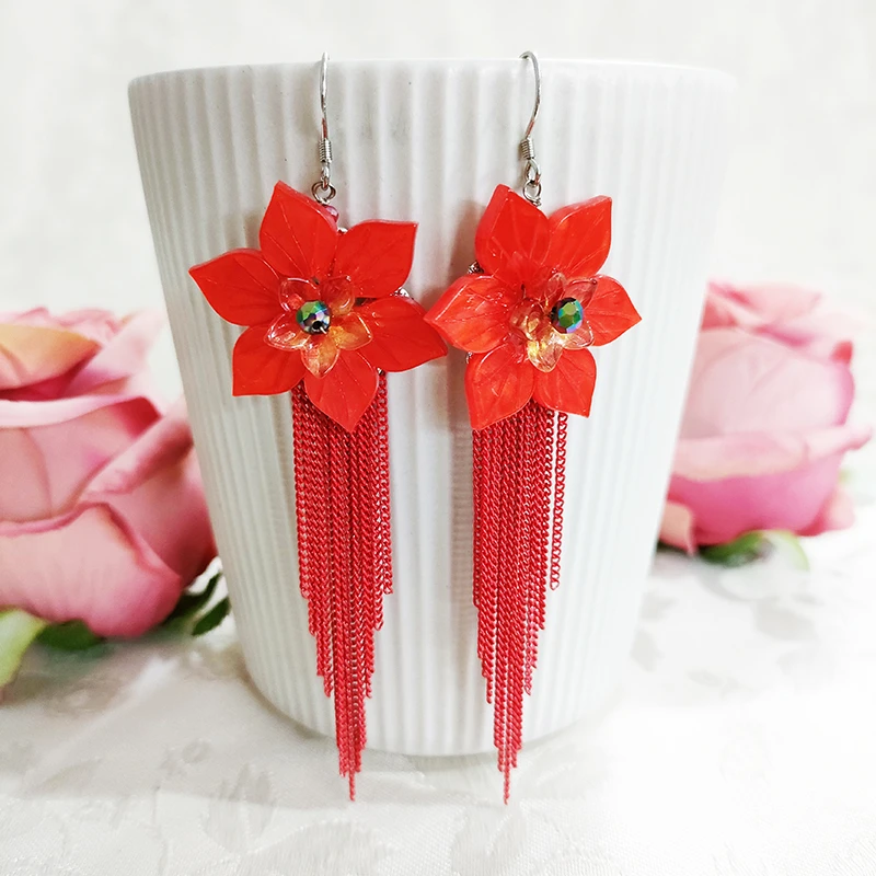 铜合金耳饰 民族风手工气质枫叶流苏耳环3133