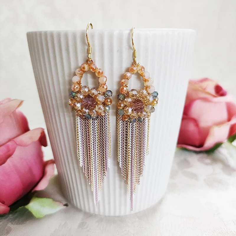 铜合金玻璃耳饰 民族风纯手工长款串珠包包款流苏百搭耳环259