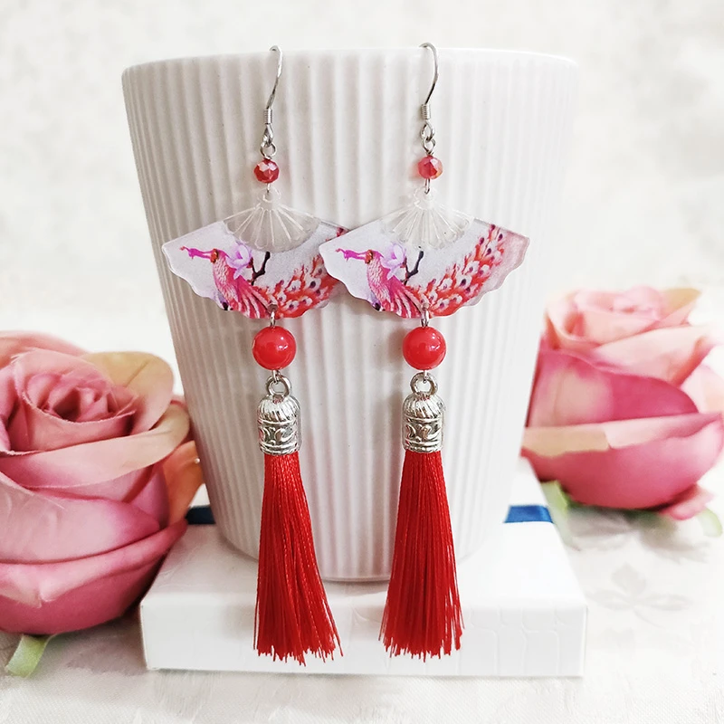 铜合金布艺耳饰 民族风纯手工气质古风扇形流苏耳环1799