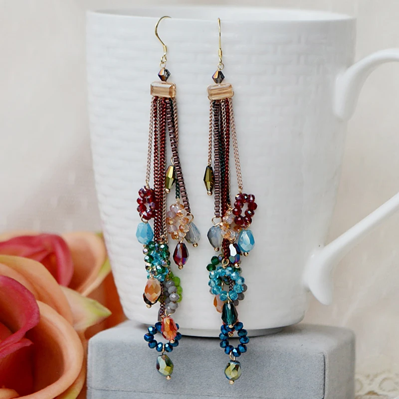 铜合金玻璃耳饰 民族风手工流苏耳环3202