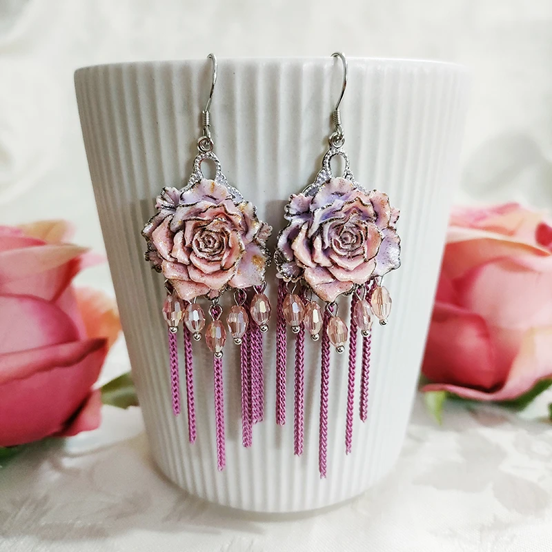 铜合金玻璃耳饰 民族风纯手工编织长款气质花瓣耳环1124