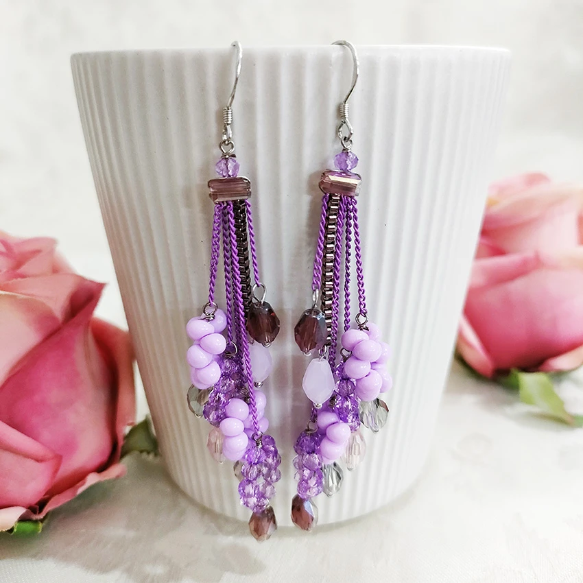 铜合金玻璃耳饰 民族风手工长款流苏耳环3374