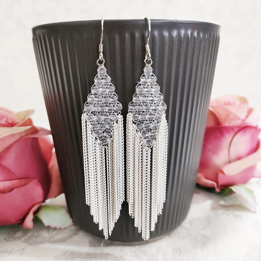 铜合金耳饰 民族风手工编织菱形珠珠长款流苏耳环1891
