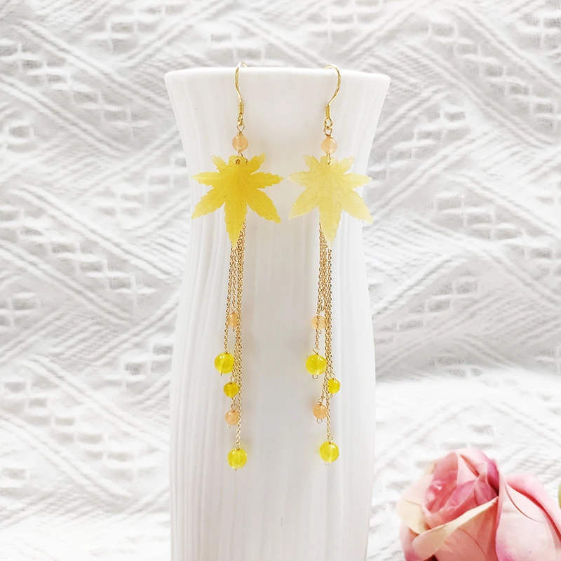 铜合金玻璃耳饰 民族风手工长款枫叶耳环835