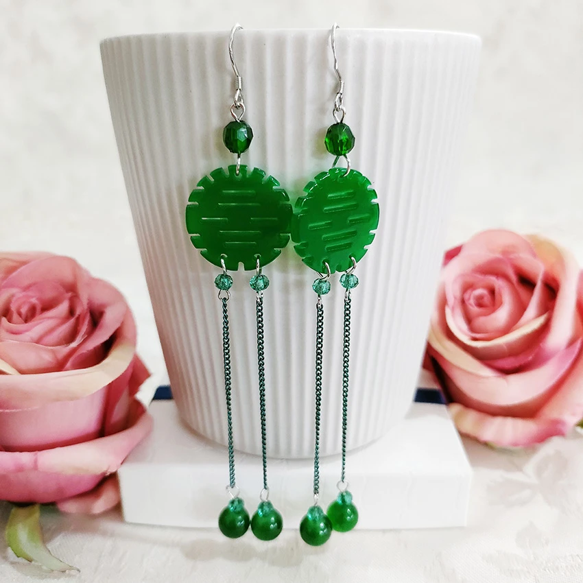 铜合金玻璃耳饰 民族风手工吊坠长款流苏耳环1637