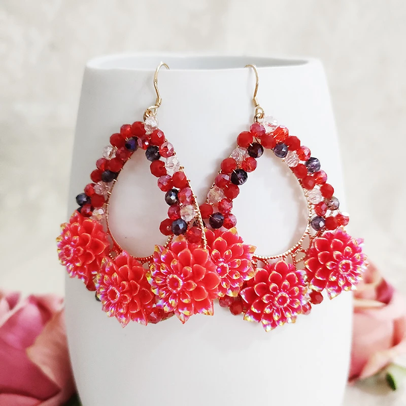 铜合金玻璃耳饰 民族风夸张气质手工花卉耳坠耳环2069